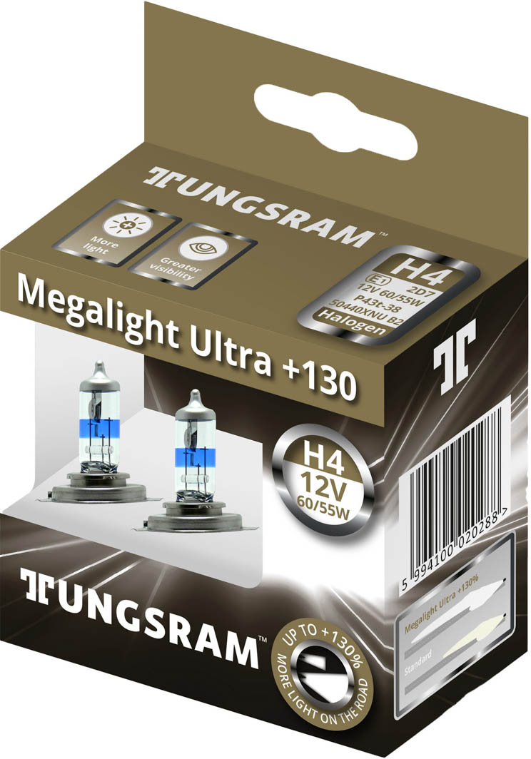 

Автолампа Tungsram 50440xnu2d Megalight Ultra +130 H4 P43t 55 W 60 W прозрачно-голубая