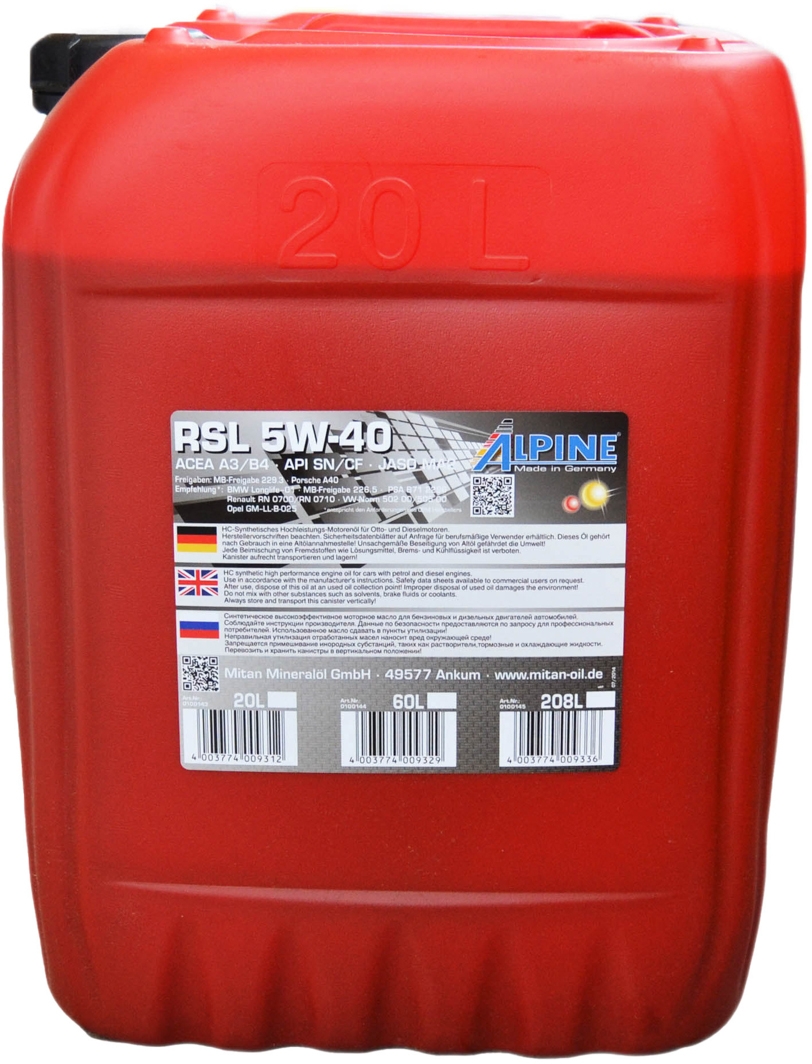 

Моторное масло Alpine RSL 5W-40 синтетическое 100143
