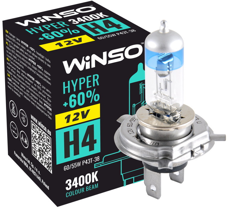 

Автолампа Winso 712420 Hyper H4 P43t-38 55 W 60 W прозрачно-голубая