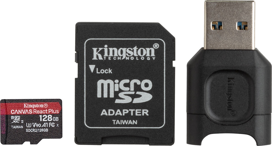 

Карта памяти Kingston Canvas React Plus Kit (с SD-адаптером) microSDXC 128 ГБ MLPMR2/128GB