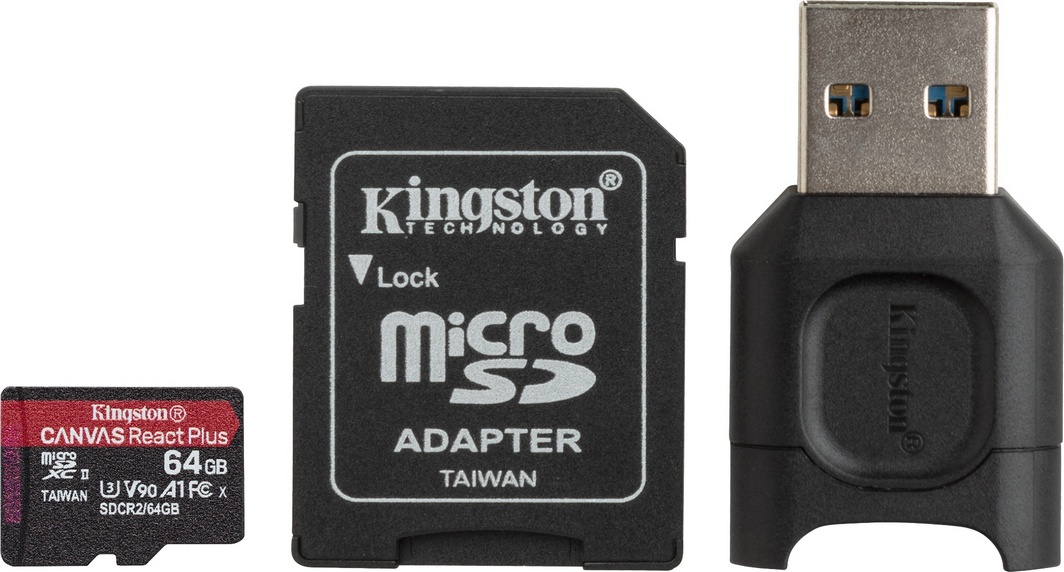 

Карта памяти Kingston Canvas React Plus Kit (с SD-адаптером) microSDXC 64 ГБ MLPMR2/64GB