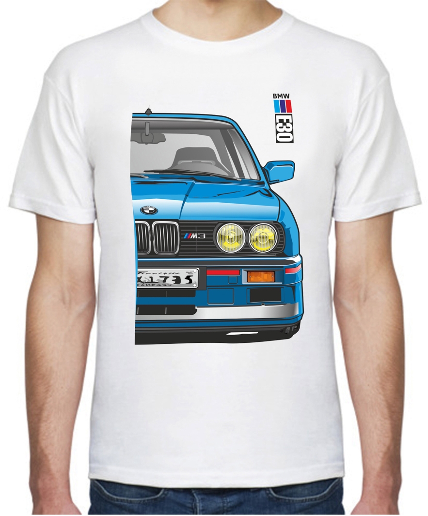 

Футболка мужская Avtolife классическая BMW E30 MotorSport Blue белая принт спереди 305330