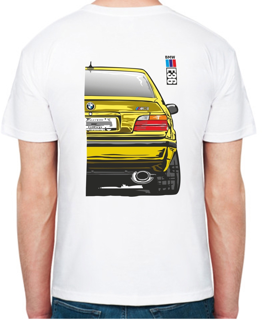 

Футболка мужская Avtolife классическая BMW E36 MotorSport Yellow белая принт сзади 206336