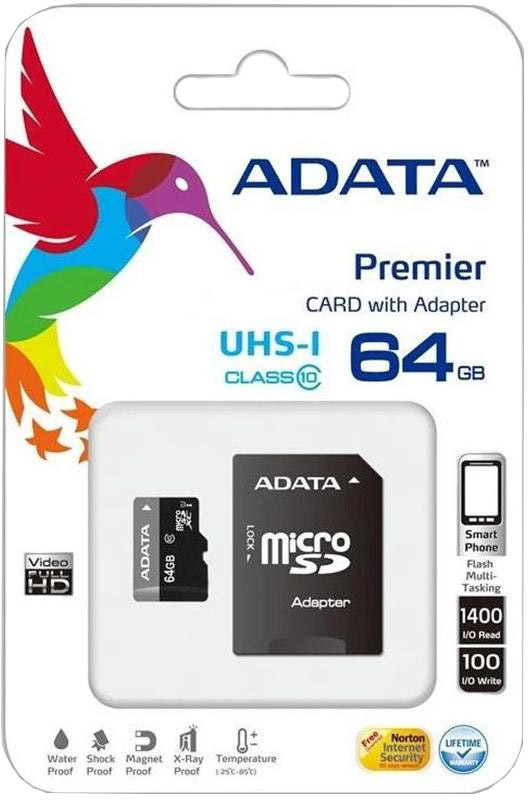 

Карта памяти Adata Premier microSDXC 64 ГБ с SD-адаптером AUSDX64GUICL10-RA1