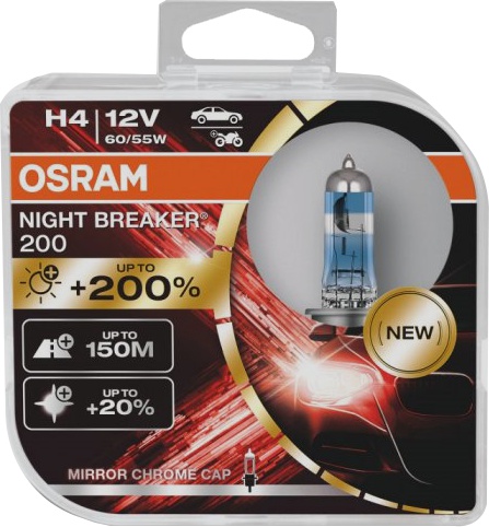 

Автолампа Osram 64193NB200-HCB Night Breaker 200 H4 P43t 55 W прозрачно-голубая