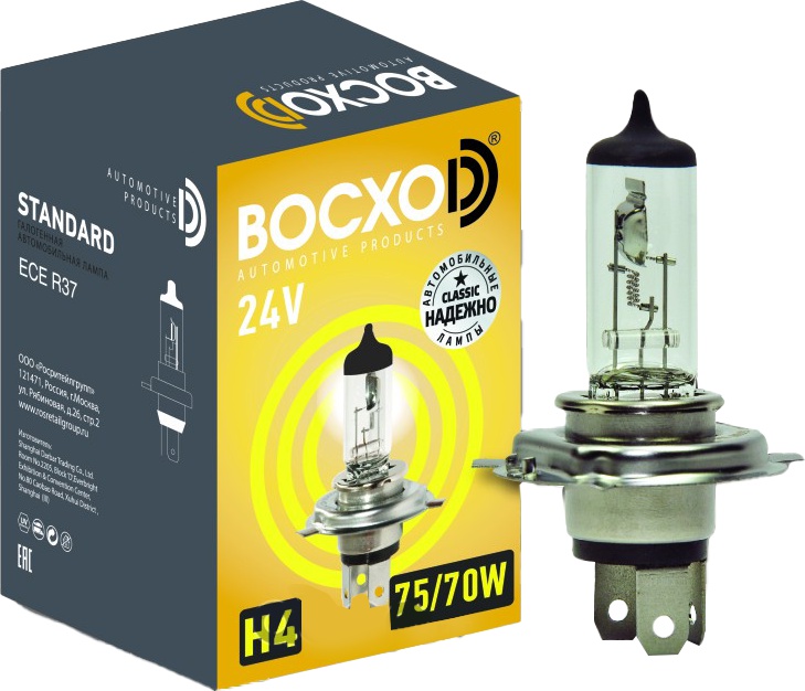 

Автолампы ВОСХОD 80724 Standard H4 P43t 75 W 70 W прозрачный