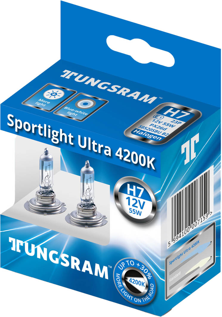 

Автолампа Tungsram 58520SBU Sportlight Ultra H7 PX26d 55 W прозрачно-голубая