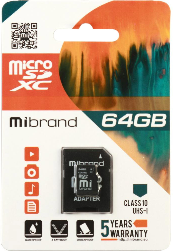 

Карта памяти Mibrand microSDXC 64 ГБ с SD-адаптером MICDXU1/64GB-A