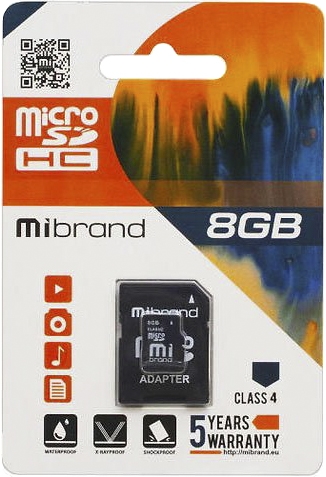 

Карта памяти Mibrand microSDHC 8 ГБ с SD-адаптером MICDC4/8GB-A