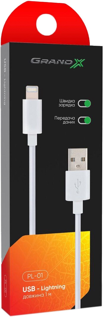 

Кабель Grand-X PL01W USB - Apple Lightning 1 м