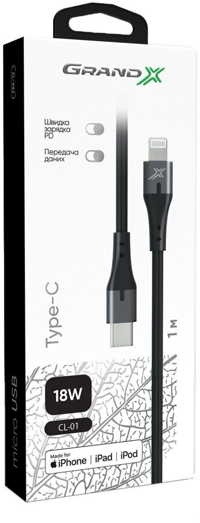 

Кабель Grand-X CL-01 Apple Lightning - USB type-C 1 м