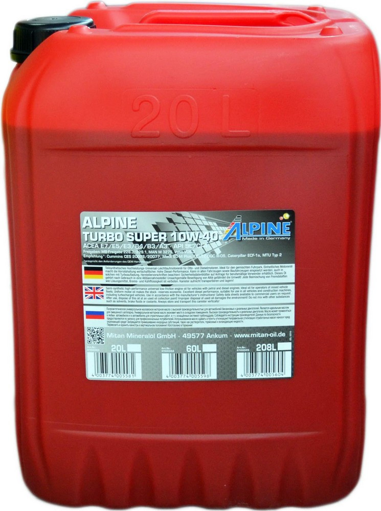 

Моторное масло Alpine Turbo Super 10W-40 полусинтетическое 100343