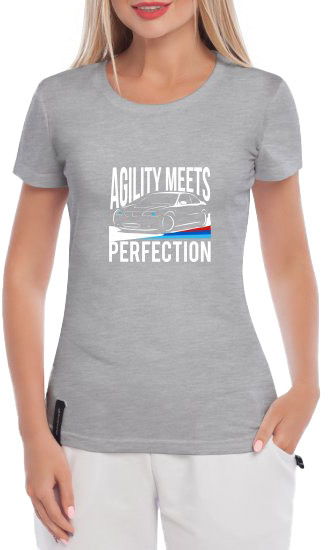 

Футболка женская Globuspioner классическая BMW Agility Meets Perfection серая принт спереди 5049327286