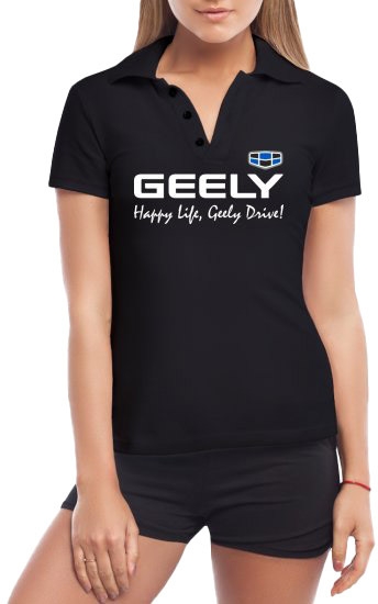 

Футболка женская Globuspioner поло Geely Slogan черная принт спереди 737725422