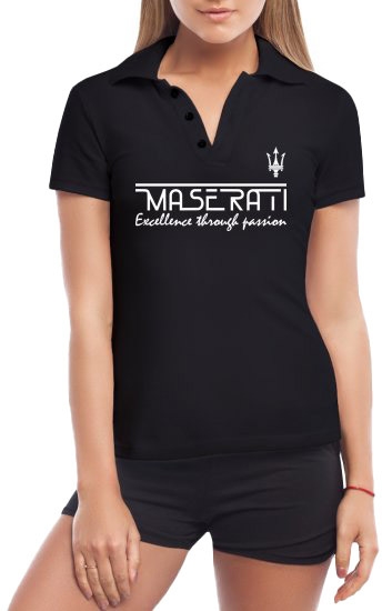 

Футболка женская Globuspioner поло Maserati Slogan черная принт спереди 731235427