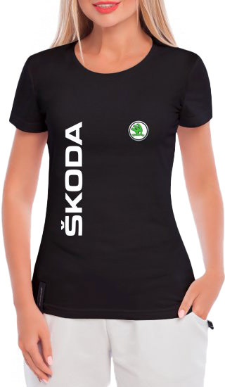 

Футболка женская Globuspioner классическая Skoda Logo Vertical черная принт спереди 666332724