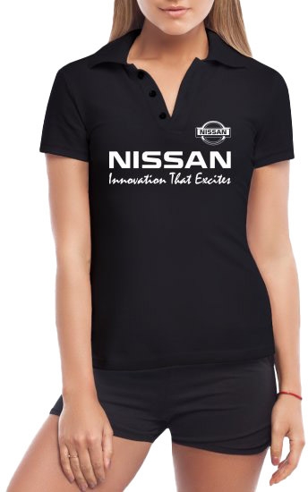 

Футболка женская Globuspioner поло Nissan Innovation That Excites черная принт спереди 731175426