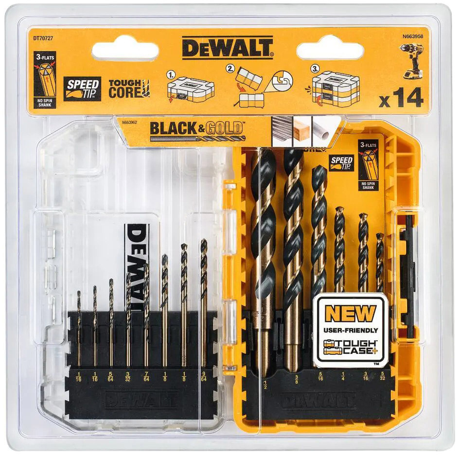 

Набор сверл DeWALT Black&Gold DT70727 спиральных по металлу 1-8 мм 14 шт.