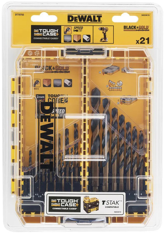 

Набор сверл DeWALT Black&Gold DT70755 спиральных по металлу 1-12 мм 21 шт.