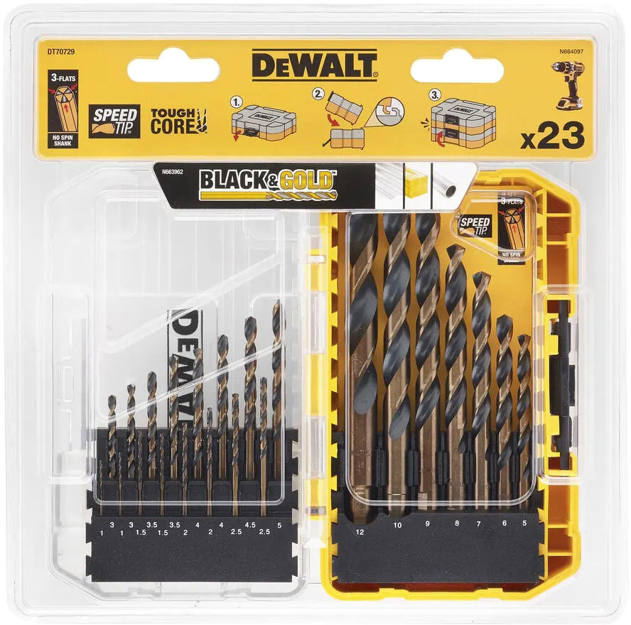 

Набор сверл DeWALT Black&Gold DT70729 спиральное по металлу 1-12 мм 23 шт.