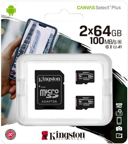 

Карта памяти Kingston Canvas Select Plus (с SD-адаптером) microSDHC 128 ГБ SDCS2/64GB-2P1A