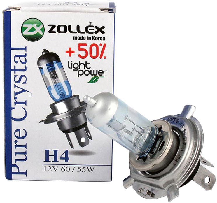 

Автолампа Zollex 60724 Pure Crystal +50% Light Power H4 P43t 55 W прозрачно-голубая