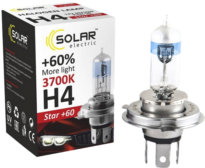 

Автолампа Solar 1234 Star + 60 H4 P43t-38 55 W прозрачно-голубой