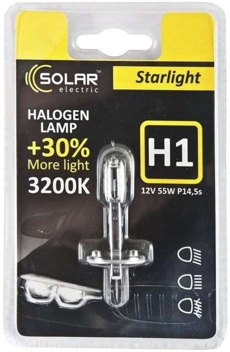 

Автолампа Solar 1201B1 Starlight +30 H1 P14,5s 55 W прозрачная