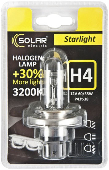 

Автолампа Solar 1204B1 Starlight +30 H4 P43t-38 55 W прозрачный