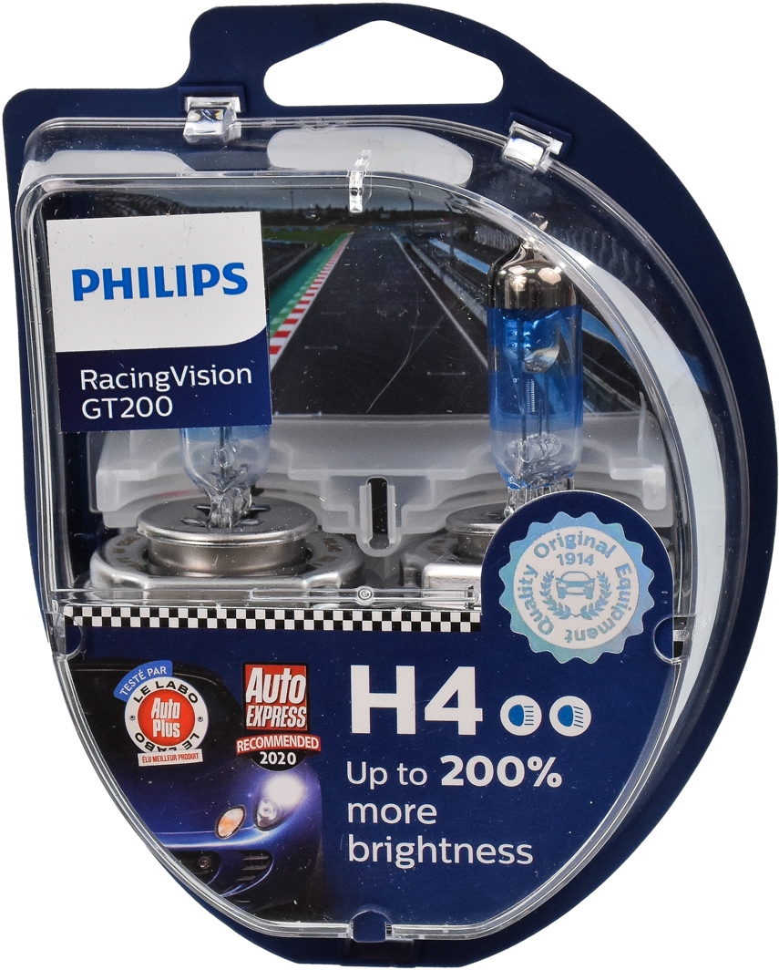 

Автолампы Philips 12342RGTS2 Racing Vision GT200 H4 P43t-38 55 W 60 W прозрачно-голубая