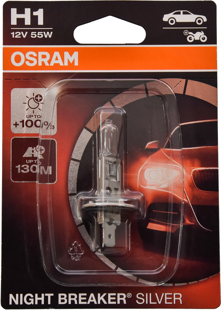 

Автолампа Osram 64150nbs01b Night Breaker Silver H1 P14,5s 55 W прозрачный