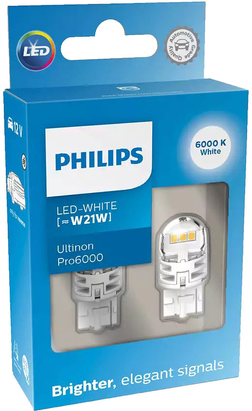 

Автолампа Philips 11065CU60X2 Ultinon Pro6000 W21W W3x16d прозрачная