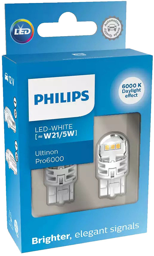 

Автолампа Philips 11066CU60X2 Ultinon Pro6000 W21/5W W3x16q прозрачная