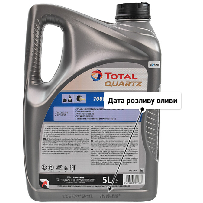 Моторна олива Total Quartz 7000 10W-40 для Toyota Previa 5 л