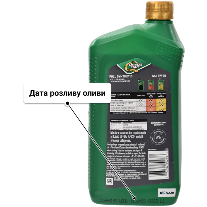 QUAKER STATE Full Synthetic 5W-20 моторна олива 0,95 л