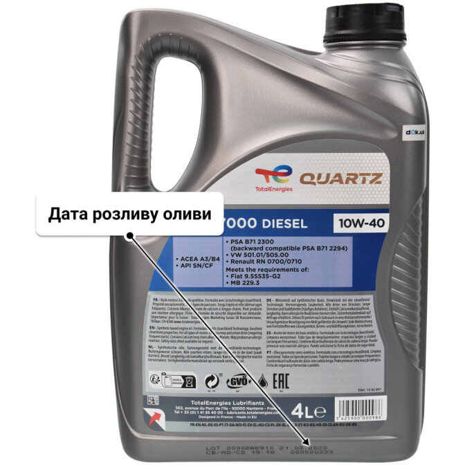 Моторна олива Total Quartz 7000 Diesel 10W-40 для Chrysler Voyager 4 л