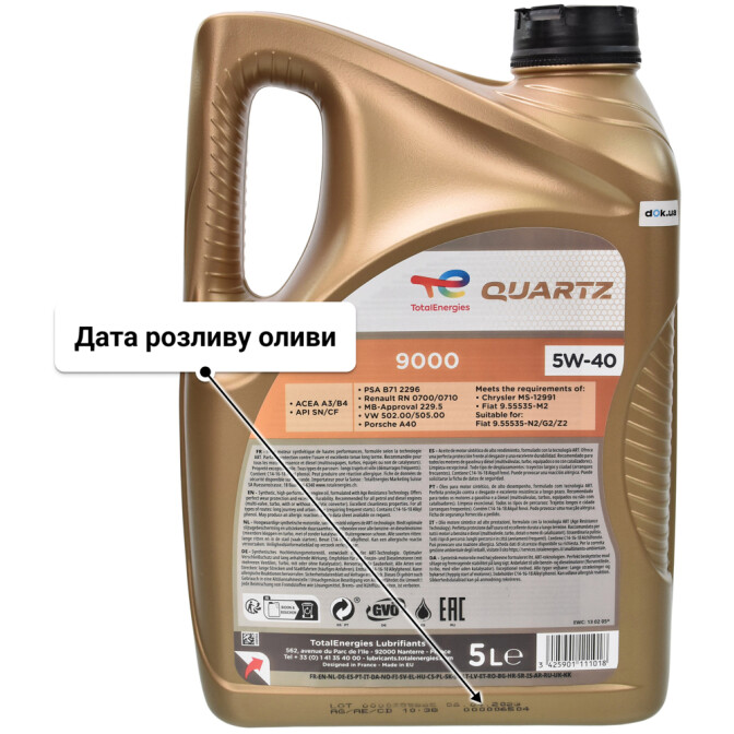 Моторна олива Total Quartz 9000 5W-40 для Dacia Duster 5 л