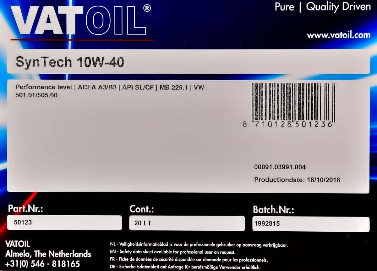 Моторное масло VatOil SynTech 10W-40 20 л на Dodge Journey