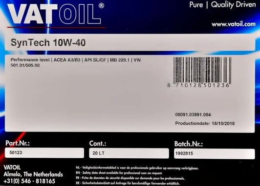 Моторное масло VatOil SynTech 10W-40 20 л на Chevrolet Lumina