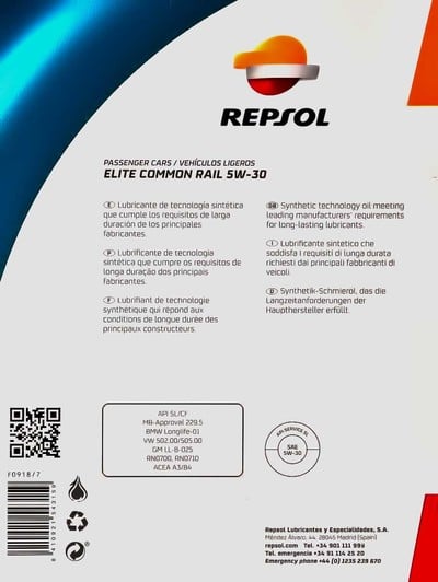 Моторное масло Repsol Elite Common Rail 5W-30 5 л на Seat Terra