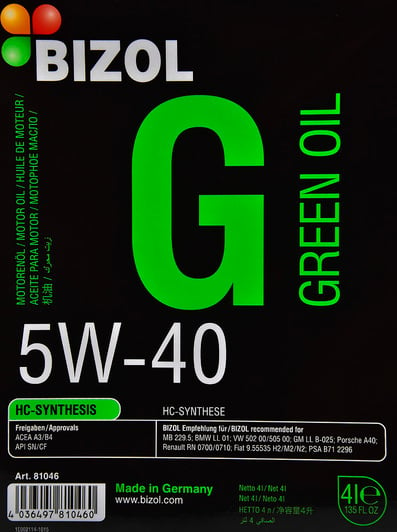Моторна олива Bizol Green Oil 5W-40 4 л на Cadillac CTS