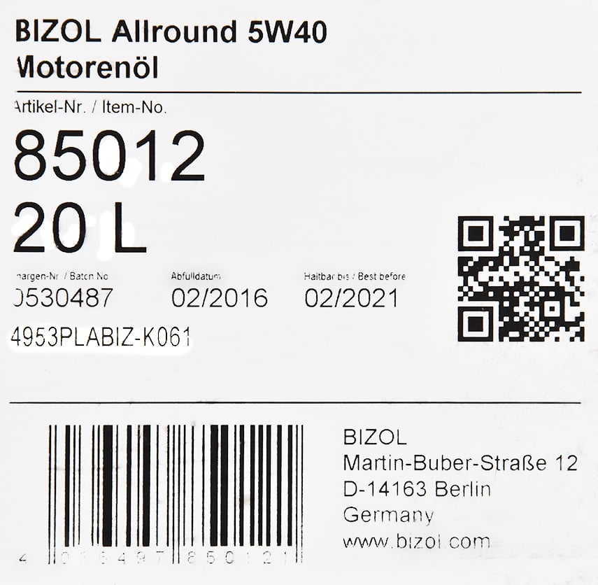 Моторное масло Bizol Allround 5W-40 20 л на Mazda MX-5