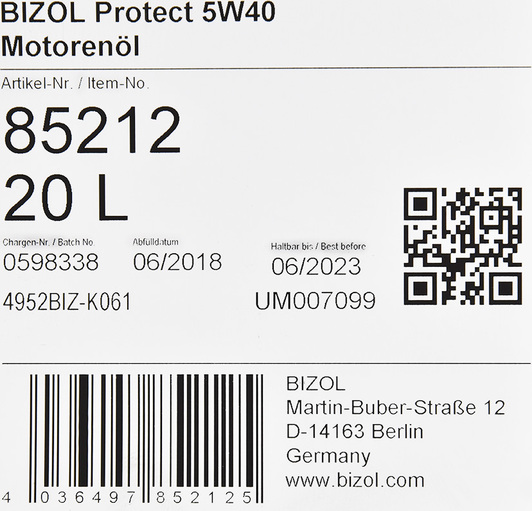 Моторна олива Bizol Protect 5W-40 20 л на Fiat Croma