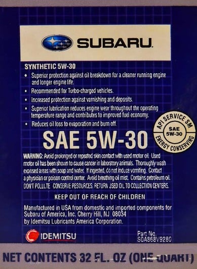 Моторное масло Subaru Synthetic Motor Oil 5W-30 1 л на Toyota Supra