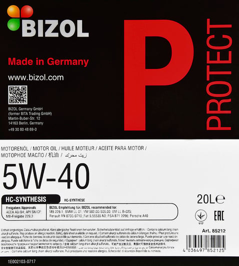 Моторное масло Bizol Protect 5W-40 20 л на Audi Q3