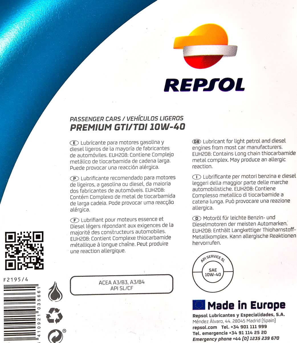 Моторна олива Repsol Premium GTI/TDI 10W-40 4 л на Opel Vivaro