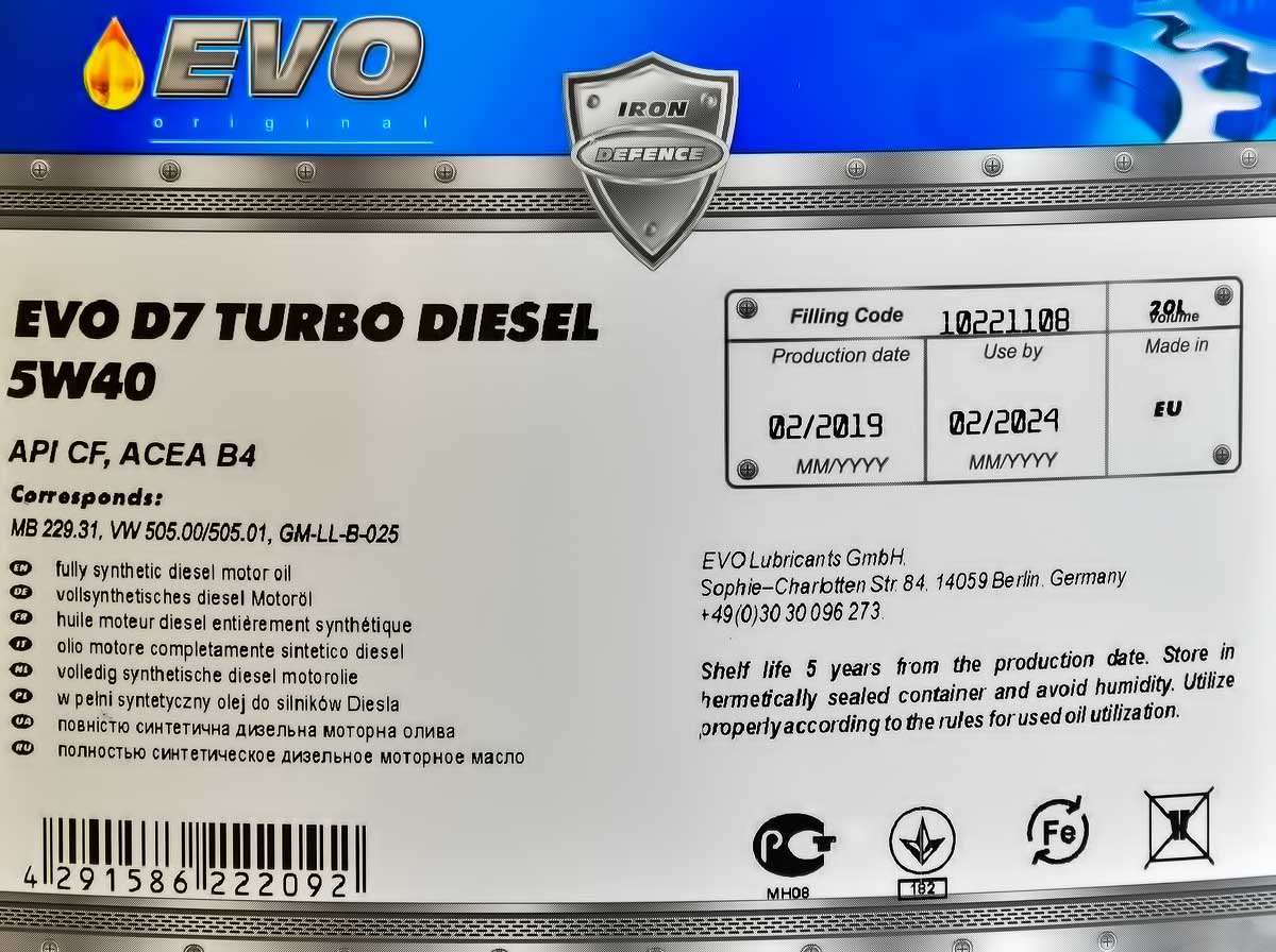 Моторна олива EVO D7 Turbo Diesel 5W-40 20 л на Hyundai Atos