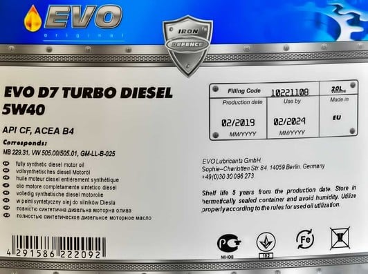 Моторное масло EVO D7 Turbo Diesel 5W-40 20 л на Chrysler Concorde