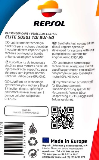 Моторное масло Repsol Elite 50501 TDI 5W-40 1 л на BMW 1 Series