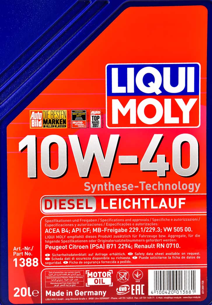Моторное масло Liqui Moly Diesel Leichtlauf 10W-40 20 л на Fiat 500
